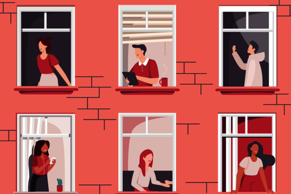 Illustratie van een woongebouw met 6 ramen waarachter mensen zitten