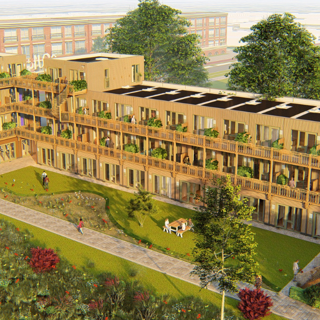 Art impressie van een woongebouw van bovenaf