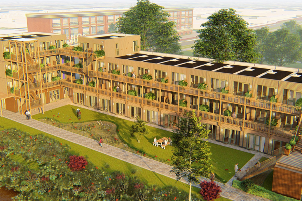 Art impressie van een woongebouw van bovenaf