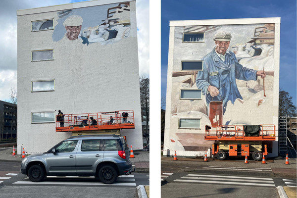 Muurschildering Kolfstraat (links schilders aan het werk, rechts muurschildering bijna klaar)